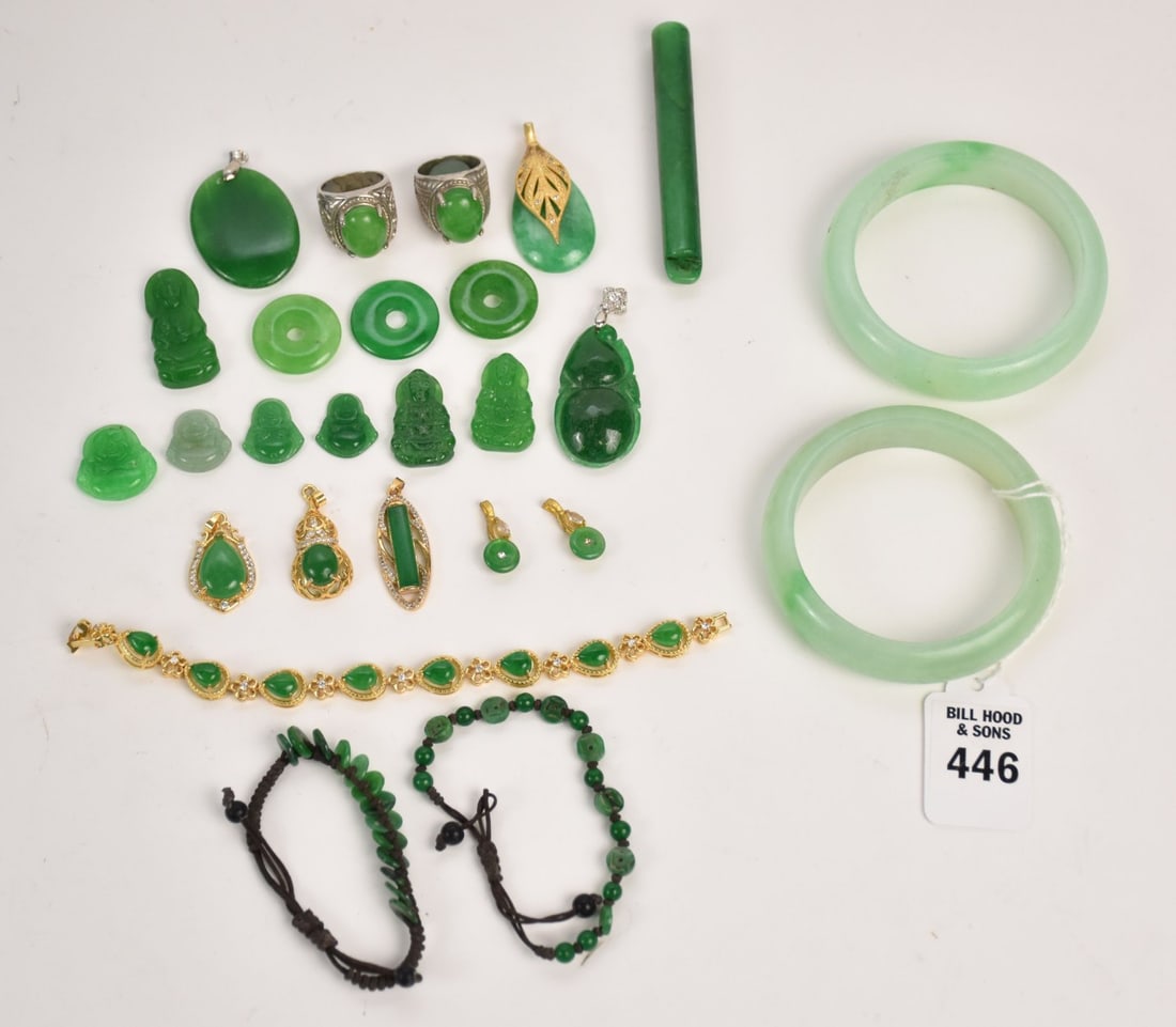 Grouping of Chinese Jade Jewelry & Beads - Grouping of green stone jewelry and beads includes: (2) (1 of 6)