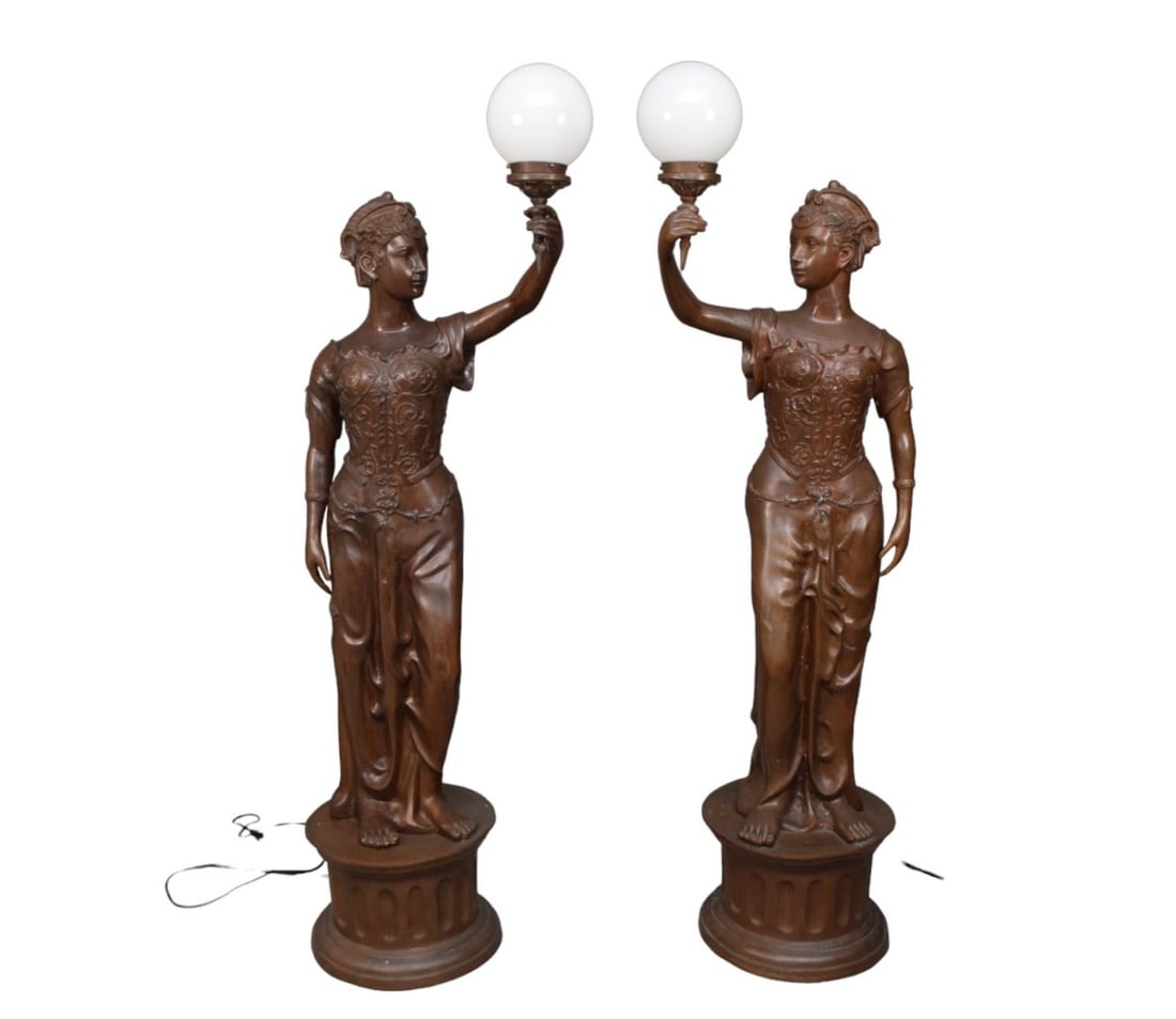 Pair Monumental Female of Classical Style Bronze Lanterns, Electrified with Globes, 74"h (working (1 of 8)