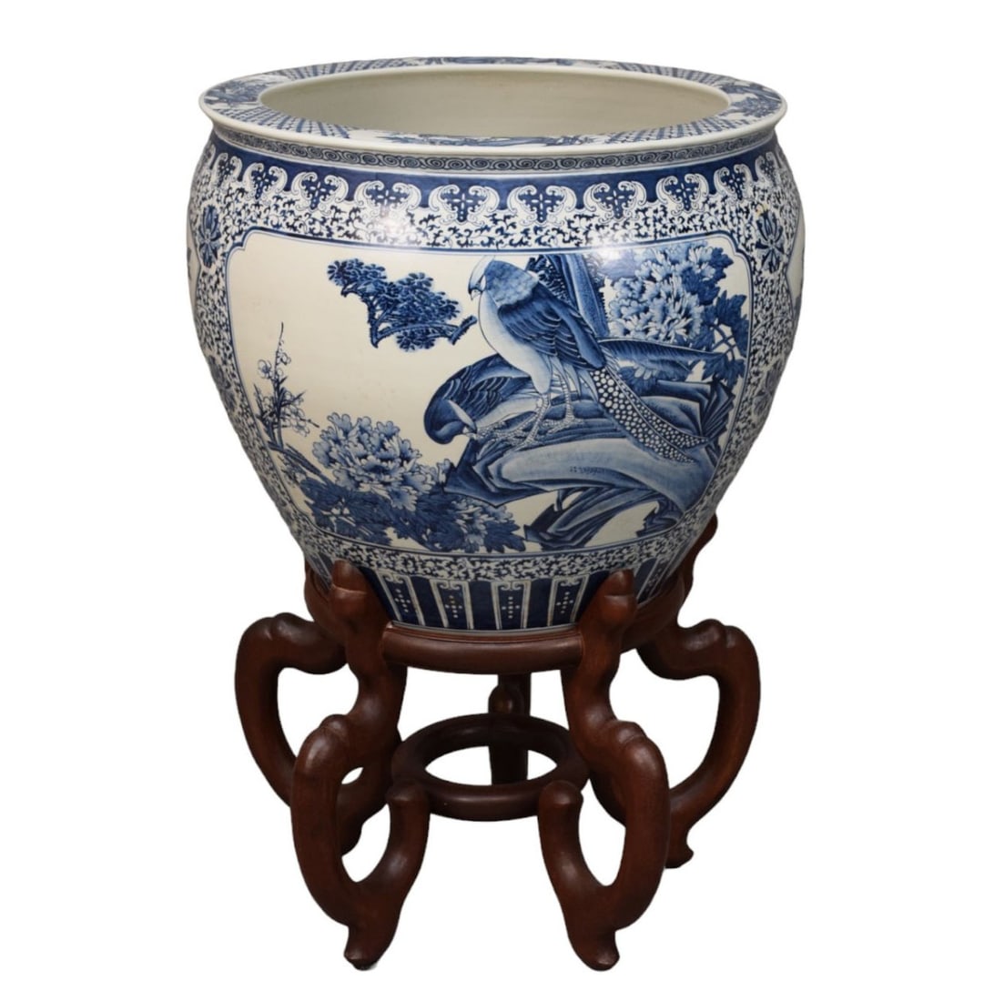 Chinese Porcelain Fishbowl on Stand, Blue & White, 18"h x 20 1/2"dia bowl, 14"h stand (1 of 8)