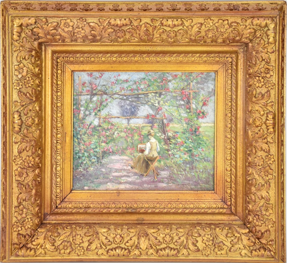 19th century old LYME Conn. School impressionist, woman in field painting flowers, oil on board, (1 of 4)