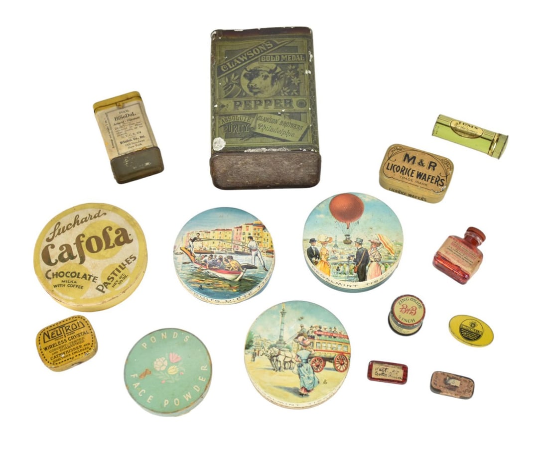 Lot Advertising Tins;  Clawson's Pepper, Phil. 4 1/2"h x 3 1/4"w (missing lid), Cardboard Chocolate (1 of 6)
