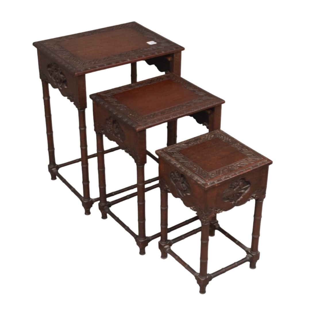 Asian Style Nest of 3 Tables, Bamboo Style Legs, 23"h x 17" x 13" (1 of 4)