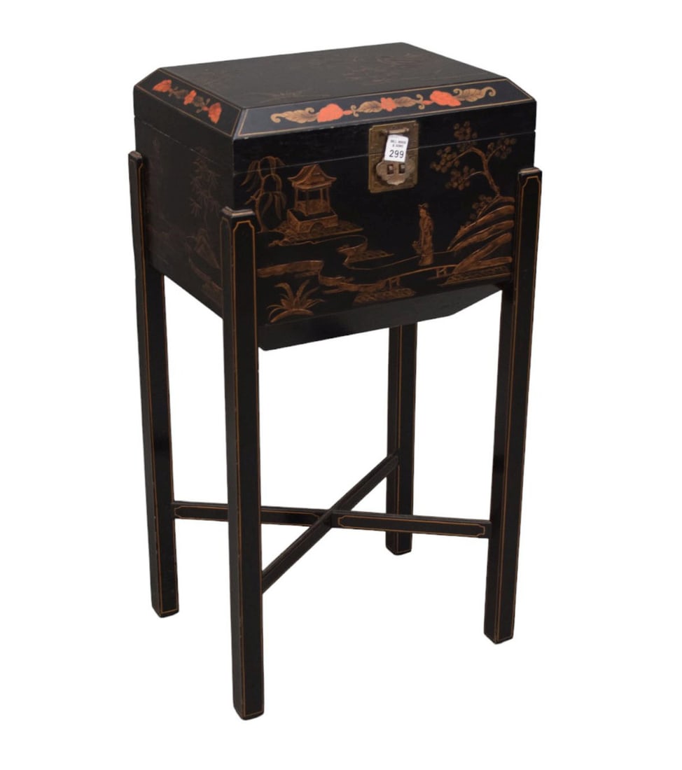 Maitland Smith, Black Chinoiserie Style Box on Stand, Brass Hardware, 30"h x 15 1/2" x 12" (1 of 8)
