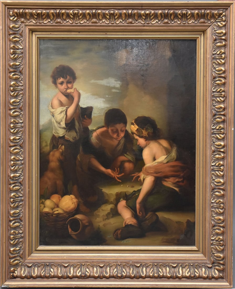 Large Antique oil Painting after Murrillo, Boys playing dice game, oil on canvas, Frame is chipped, (1 of 6)
