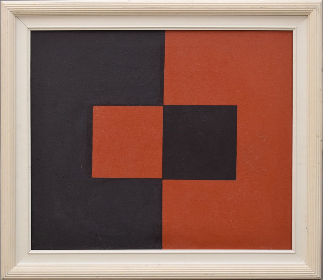 Abstract Composition, Oil on canvas, no signature on front ,signed on reverse Attributed to Carmen: Abstract Composition, Oil on canvas, no signature on front ,signed on reverse Attributed to Carmen Herrera (AMERICAN/CUBAN, 1915–2022) canvas 20 x 24 inches, 25 x 29 inches overall framed size