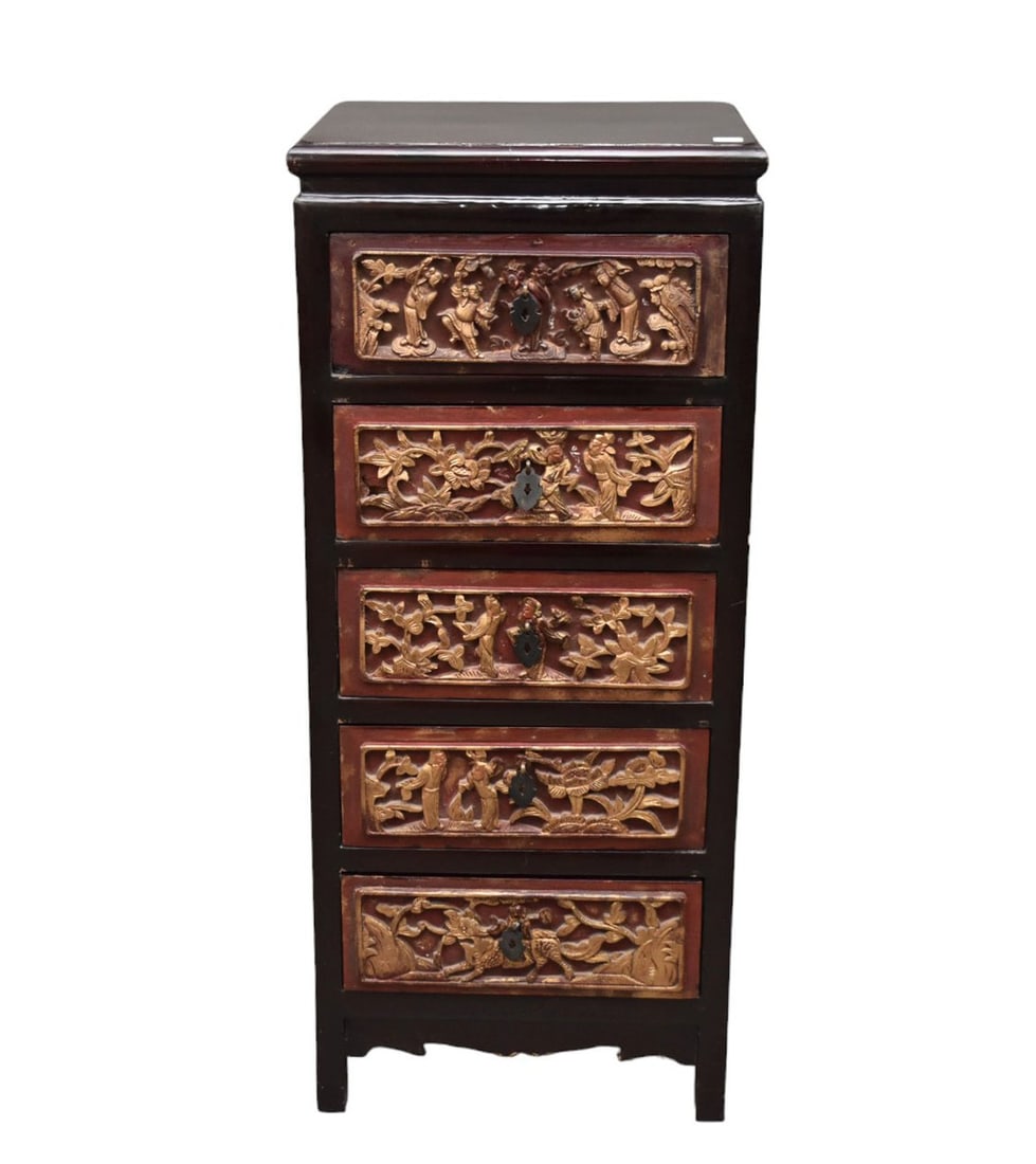 5 Drawer Asian Chest/Stand with Carved Scenes on Front of Drawers (1 of 8)