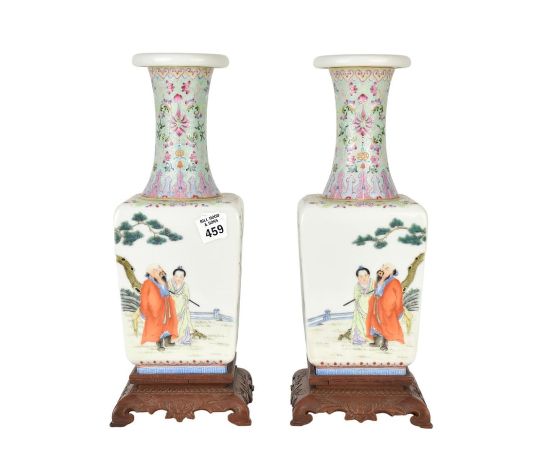 Pair Chinese Square Vases on Square Teak Stands, Holes Drilled at Bases, 13"h (1 of 10)