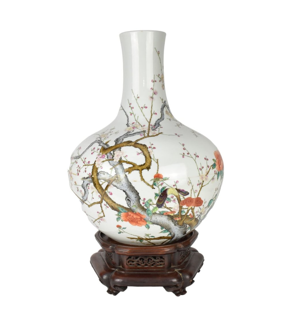 Oversized Porcelain Chinese Vase, Overall Branch & Peonies Décor, 22"h x 17"w vase (custom stand). (1 of 12)