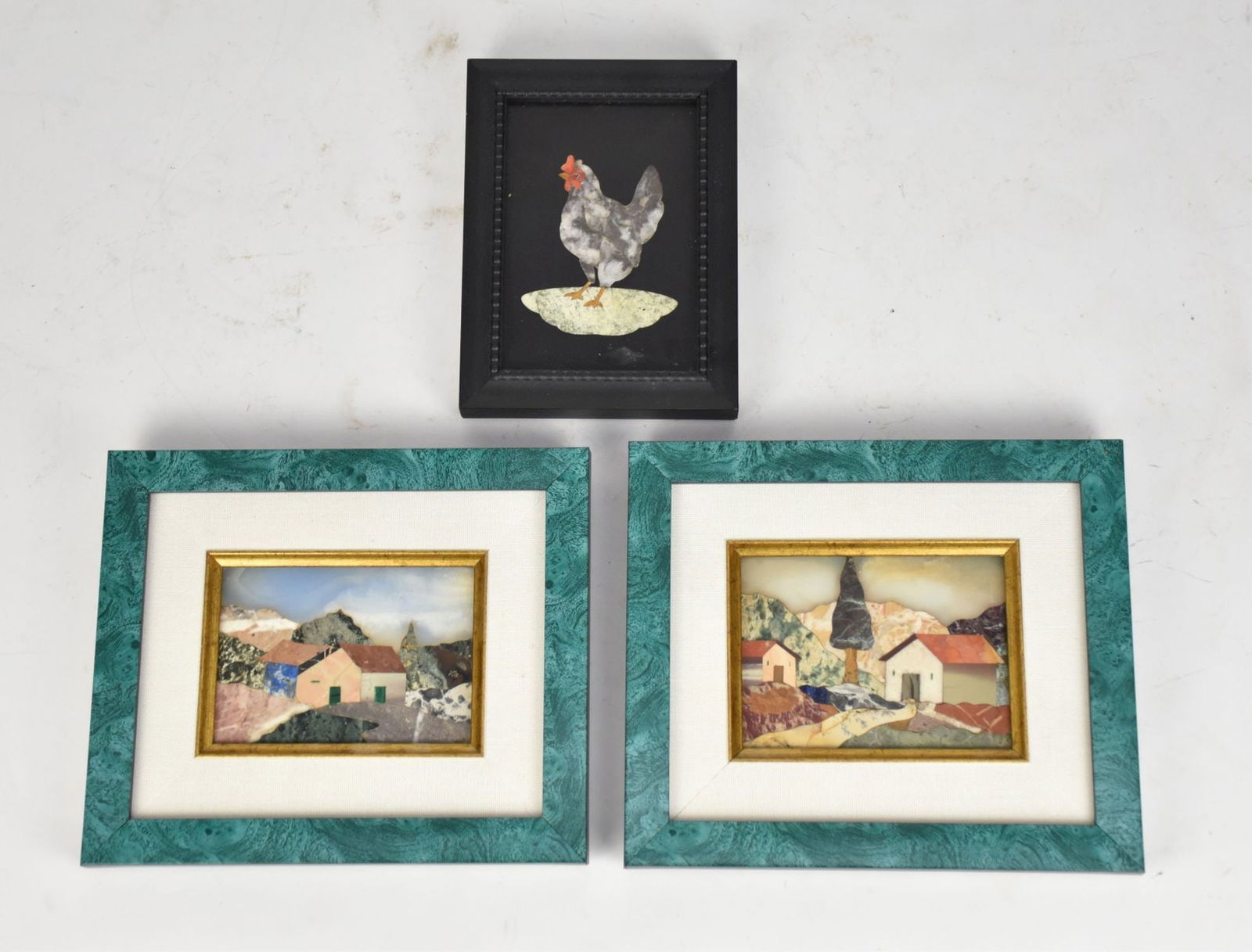 3 Italian Pietra Dura Plaques, Early 20th c, One Chicken/Rooster In Grey & White on Heavy Slate (1 of 8)