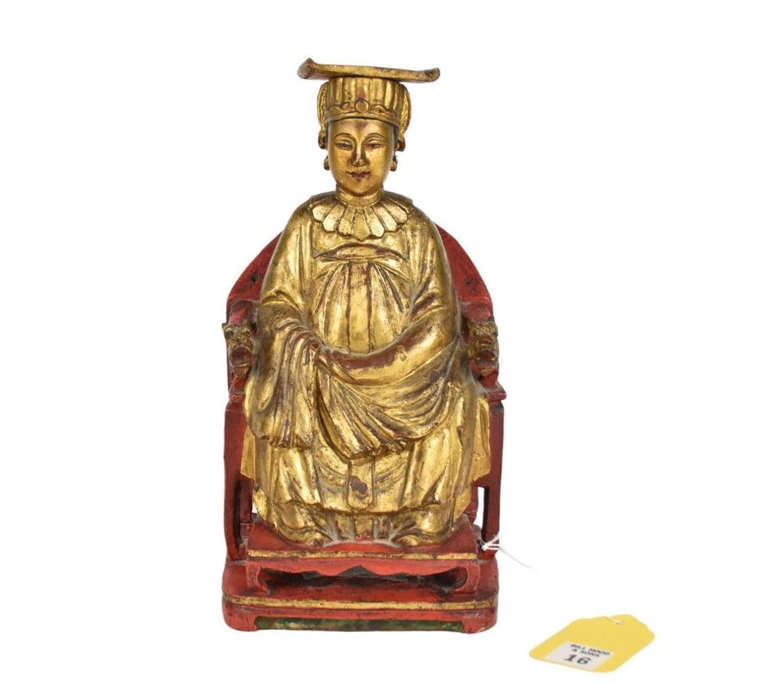Chinese Gilt Decorated 19th c. Carved Empress, Carved Detailed Facial Features, Elaborate Chair With: Chinese Gilt Decorated 19th c. Carved Empress, Carved Detailed Facial Features, Elaborate Chair With Dragon Hand Holds, 11"h x 5"w x 4"d