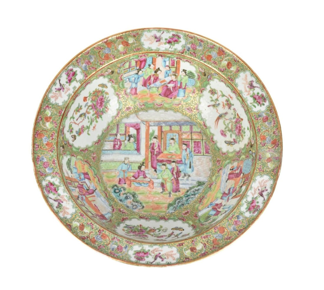 Large Chinese Rose Medallion Porcelain Bowl, C. 19th Century - 5" h x 16" diameter. Condition: Minor: Large Chinese Rose Medallion Porcelain Bowl, C. 19th Century - 5" h x 16" diameter. Condition: Minor age appropriate wear. Some minor enamel losses.