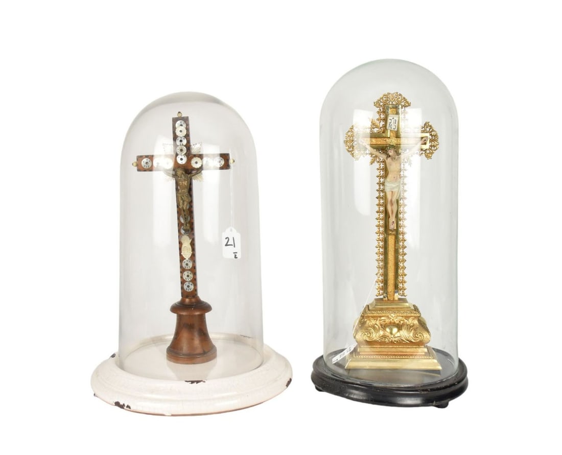 Two Victorian Crucifix Under Glass Domes, 19th Century - European, probably France. Two antique (1 of 7)