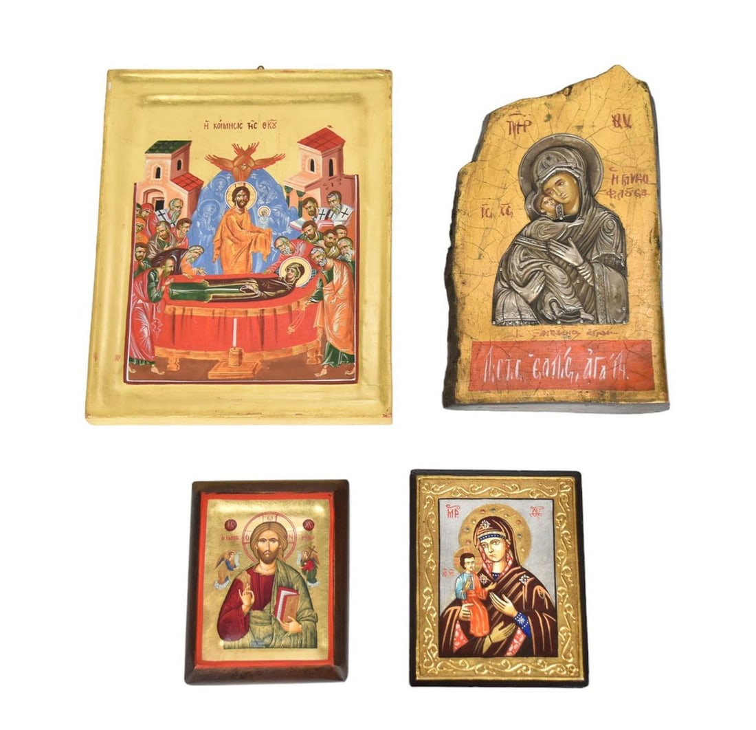 Group of Four Eastern Orthodox Icons - Greece, Romania or Russia. Group of religious icons on wood (1 of 10)