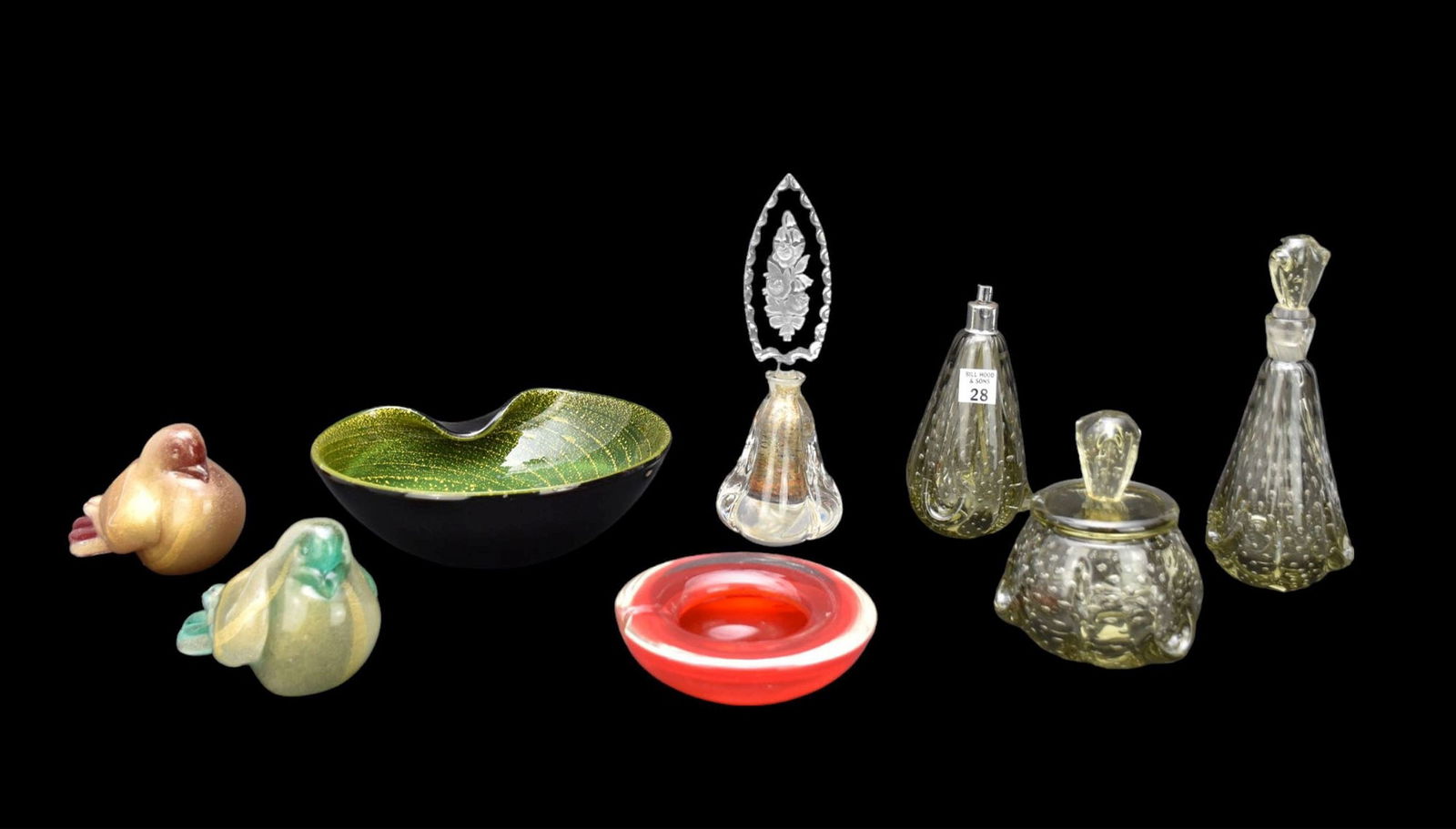 8 Pc. Vintage Murano Glass Lot,  Pair Pouter Pigeons Gold Leaf Sommerso, 3pc. Perfume Puff Box (1 of 7)