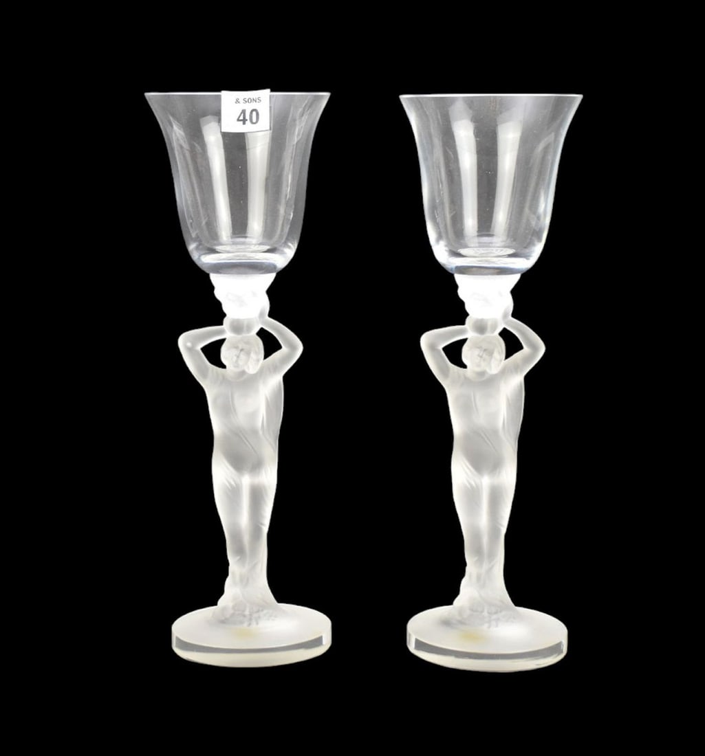 2 Hoffman Bohemian Glass Frosted Figural Stems, 11"h x 3 1/2"dia: 2 Hoffman Bohemian Glass Frosted Figural Stems, 11"h x 3 1/2"dia