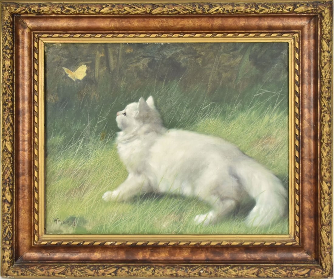 Arthur Heyer (German 1872 - 1931) oil on canvas Cat & Butterfly, 15-3/4 x 19-3/4 inches overall (1 of 7)