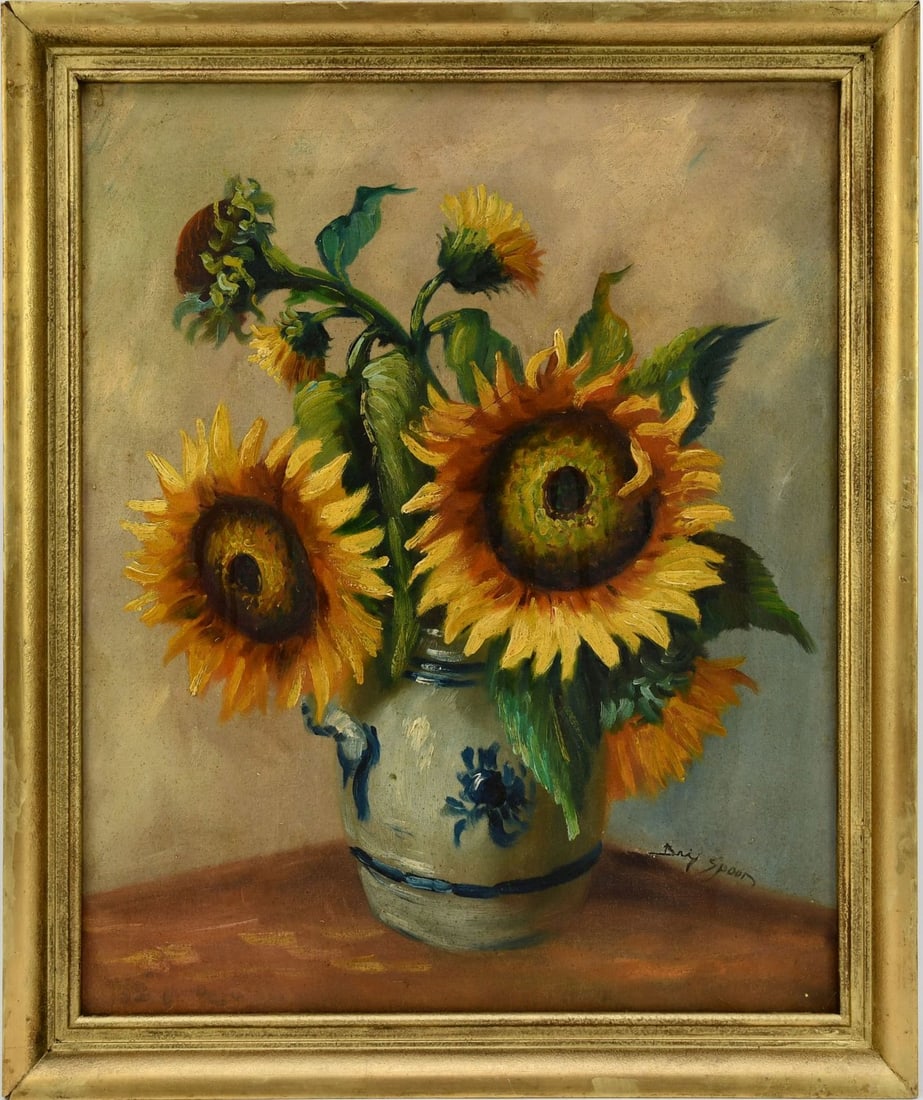 Arij Spoon (Dutch 1859-1945) Still life sunflowers in delft vase, signed lower right canvas size 24 (1 of 7)