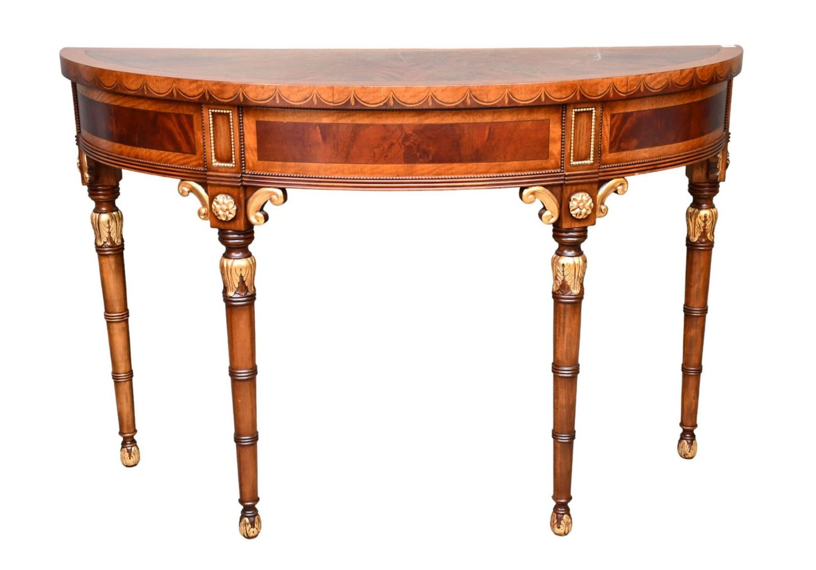 Mixed Wood & Gilt Decorated Demilune Console Table, 20th c, Top With Faux Painted Swag Motif, (1 of 7)
