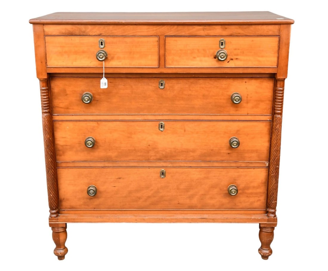 American Maple 5 Drawer Chest with Brass Pulls and Rope Turned Stiles on Bun Feet, 43"h x 41"w x 19 (1 of 11)