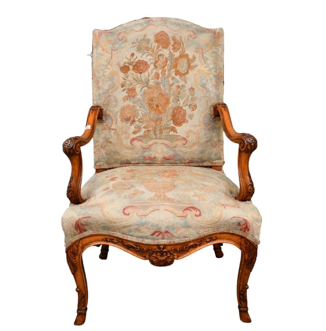 English Armchair, 19th c, Needlepoint Seat & Back, Foliate Carved Arms & Legs, 41"h x 22"d (1 of 6)
