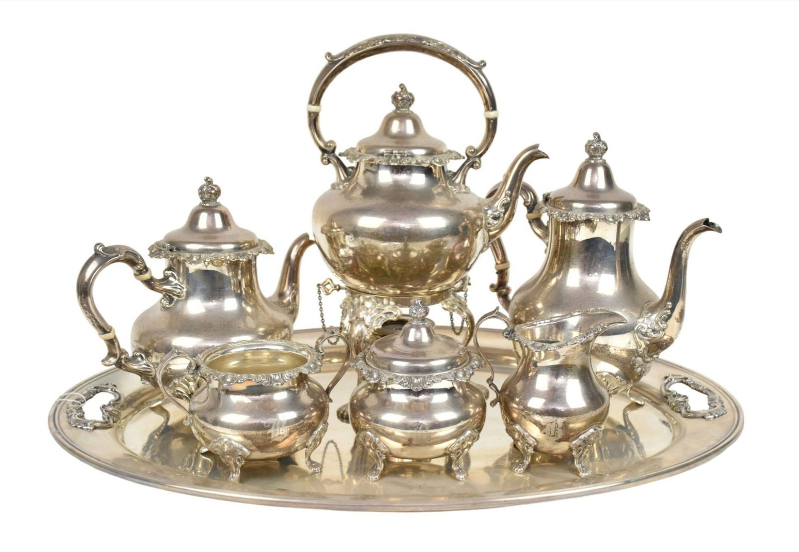 7 Pc. Sterling Tea Set incl. 22" Gorham Sterling Tray, 176 ozt, (burner handle broken) (1 of 8)