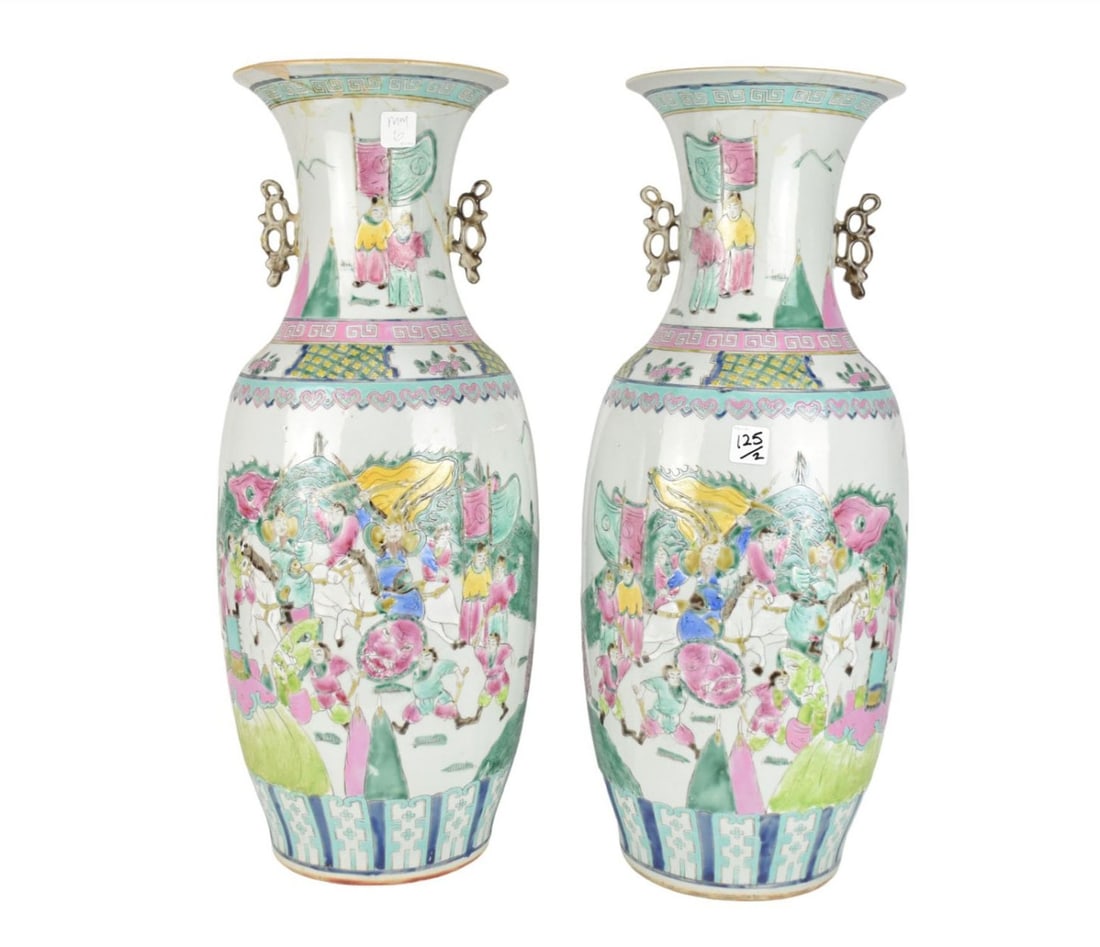 Pair Large Chinese Antique Famille Verte Vases, 23"h (Repairs) (both have damage & been glued): Pair Large Chinese Antique Famille Verte Vases, 23"h (Repairs) (both have damage & been glued)