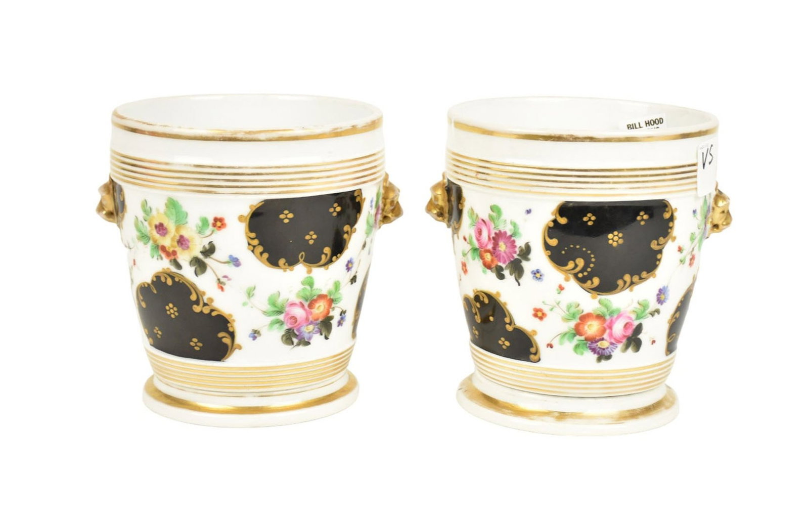 Pair of White Small Porcelain Jardiniers with Gilded Lion Head Handles, Floral Decoration with Blue,: Pair of White Small Porcelain Jardiniers with Gilded Lion Head Handles, Floral Decoration with Blue, Gold & Black, 6"H x 5"w (chip on rim)
