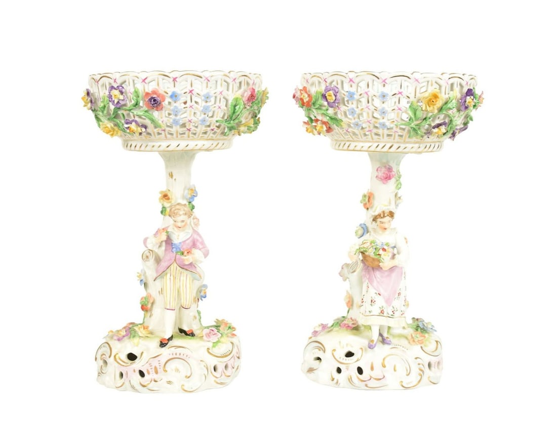 Pair of Dresden porcelain openwork Figural Tazzas on stands, White porcelain ground painted with (1 of 10)
