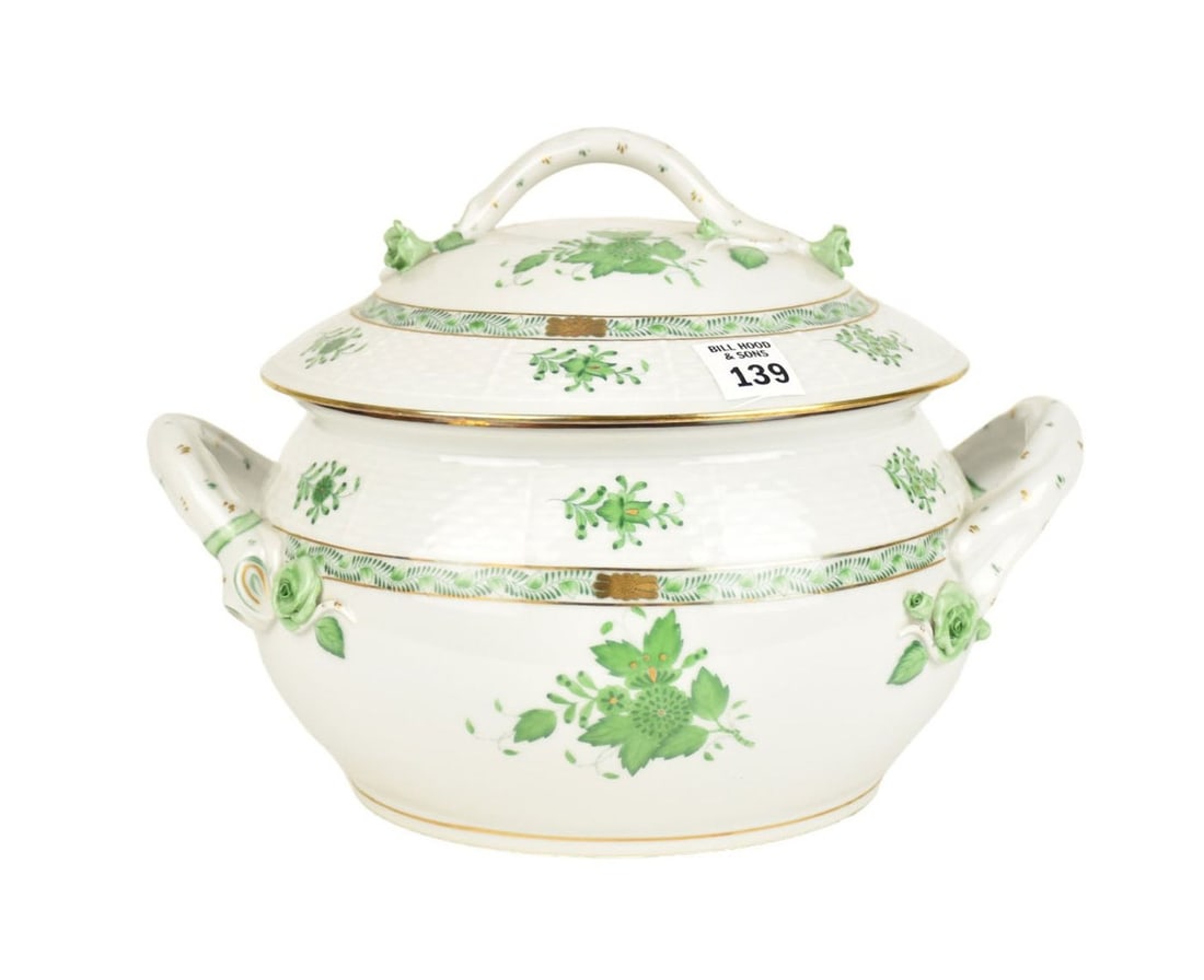 Herend Porcelain Chinese Green Bouquet Serving Dish with Lid, Approx. 8-9"h to top and 12"w handle (1 of 8)