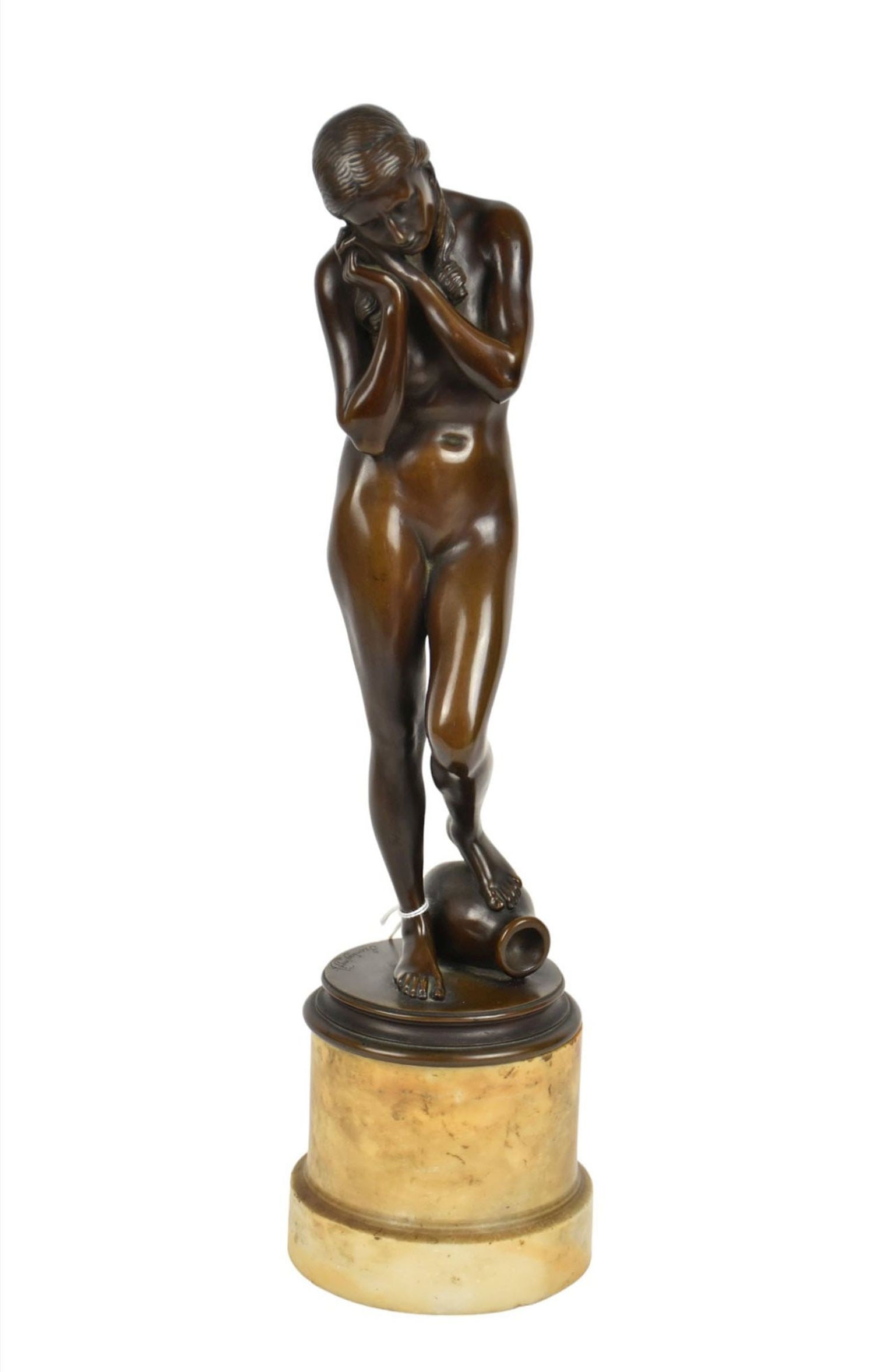 Istvan Szentgyorgyi (Hungarian, 1881-1938) Bronze Nude Figure - A patinated bronze statuette of a: Istvan Szentgyorgyi (Hungarian, 1881-1938) Bronze Nude Figure - A patinated bronze statuette of a nude woman with foot upon a vase. Signed "Szentgyorgyi" at base of statue. Mounted on a marble columna
