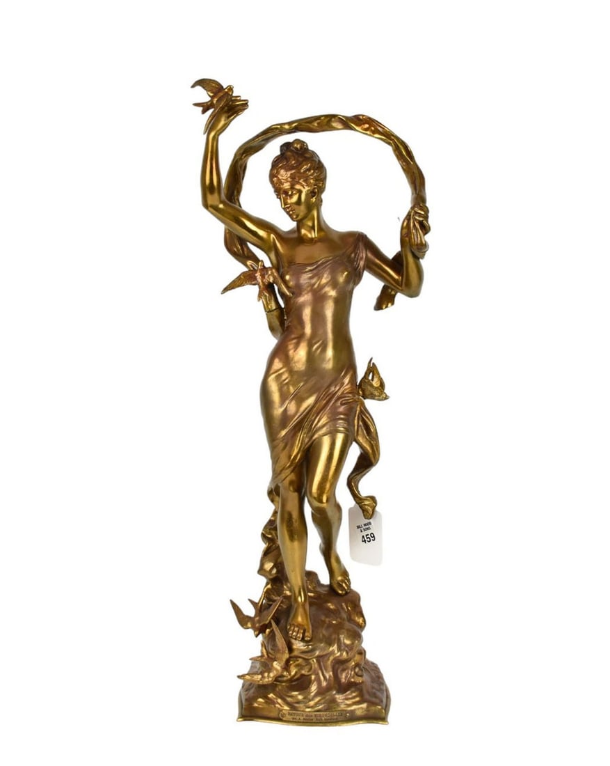 Adrien Etienne Gaudez (French, 1845-1902) Bronze Art Nouveau Lady with Swallows, Titled Plaque (1 of 8)