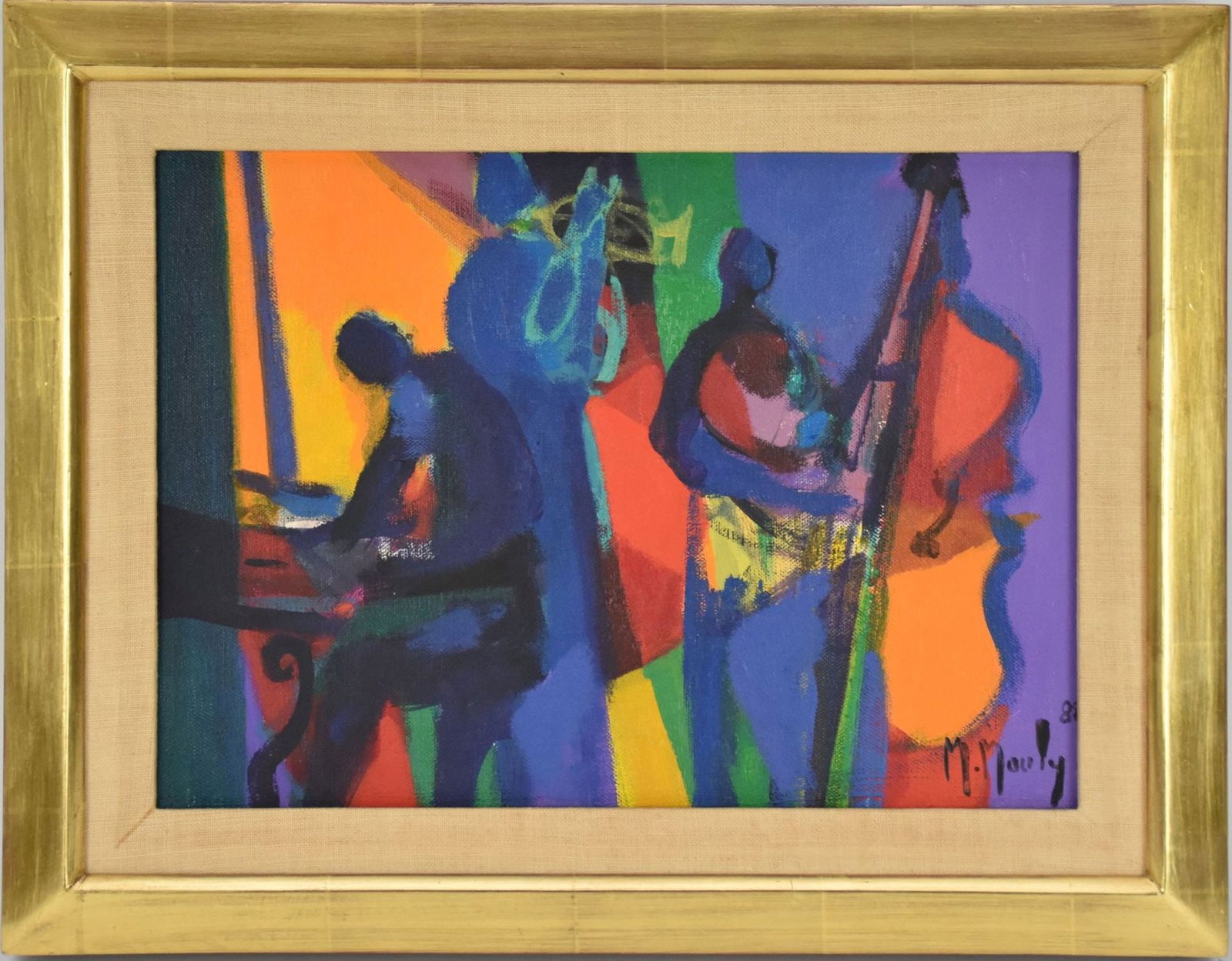 Marcel Mouly (French, 1918–2008) oil on canvas, Contrabassiste 1982, 9.5 x 13 inches sight size, (1 of 7)