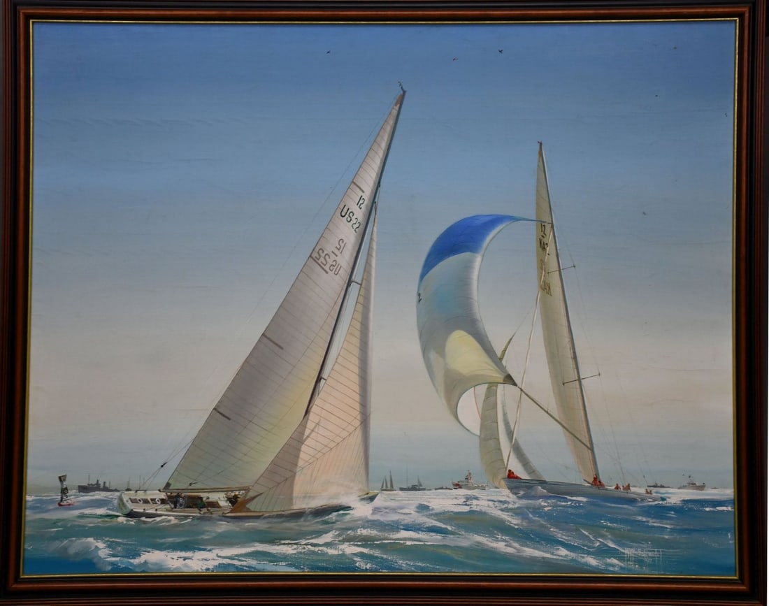 Kipp Soldwedel (Am. 1913-1999) Rhode Island Americas Cup, USA's Courageous and Australia's Sothern: Kipp Soldwedel (Am. 1913-1999) Rhode Island Americas Cup, USA's Courageous and Australia's Sothern Cross Painting, canvas size 30 x 40 inches