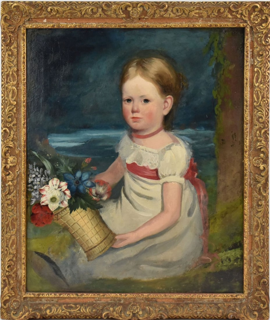 19th Century American School Painting, Oil on Canvas of Young girl sitting by stream with basket of (1 of 5)