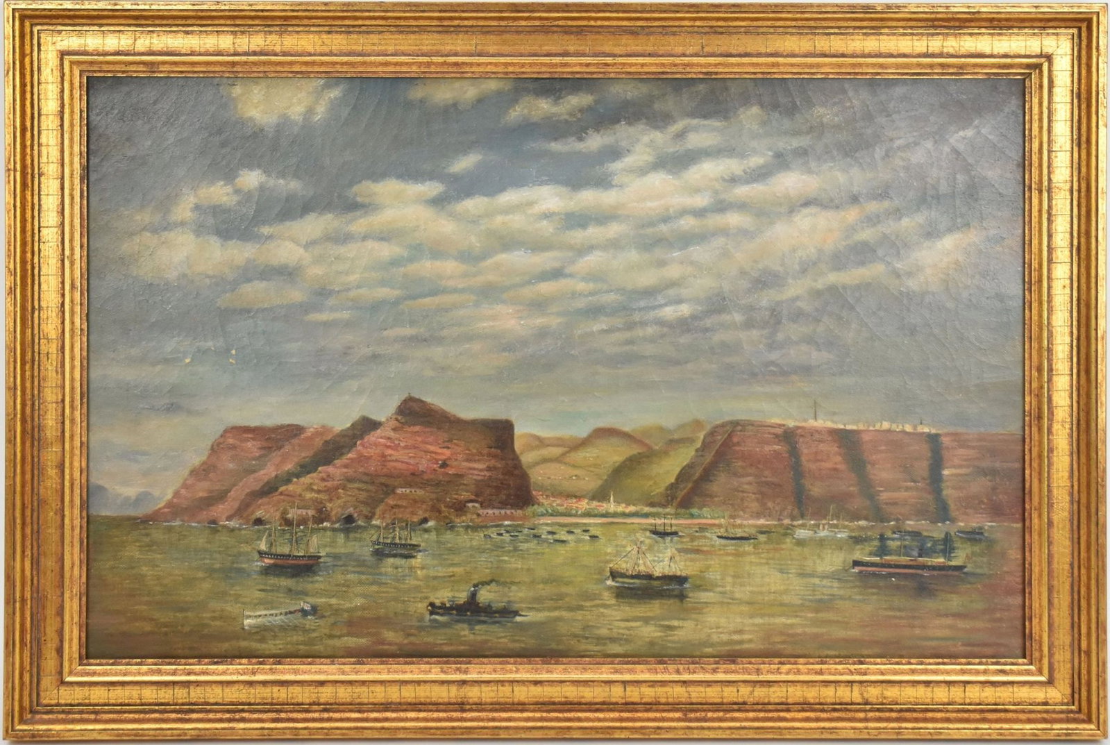 JA Harrington 1886, American School, oil on canvas, Island South of St. Helena, South Atlantic, 14 x: JA Harrington 1886, American School, oil on canvas, Island South of St. Helena, South Atlantic, 14 x 22 inches, framed size 17 x 25 inches