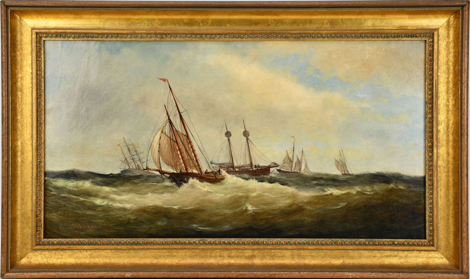 Ernest Baker (19th century) '73, Sailboats at Sea, 19th century, oil on canvas, 16 x 30 inches, (1 of 8)