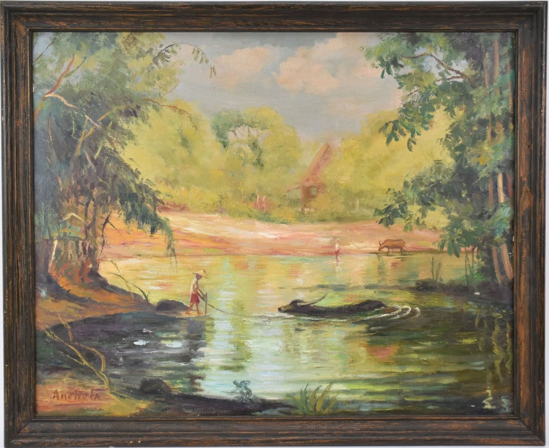 Isidro Ancheta (Filipino 1882- 1946) oil on board, Village River Scene, 24 x 30 inches (1 of 5)