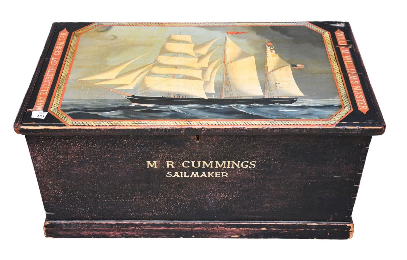 Painted American 1840's Nautical Design Trunk, Interior Candle Box Rope handles, Signed MR Cummings (1 of 11)
