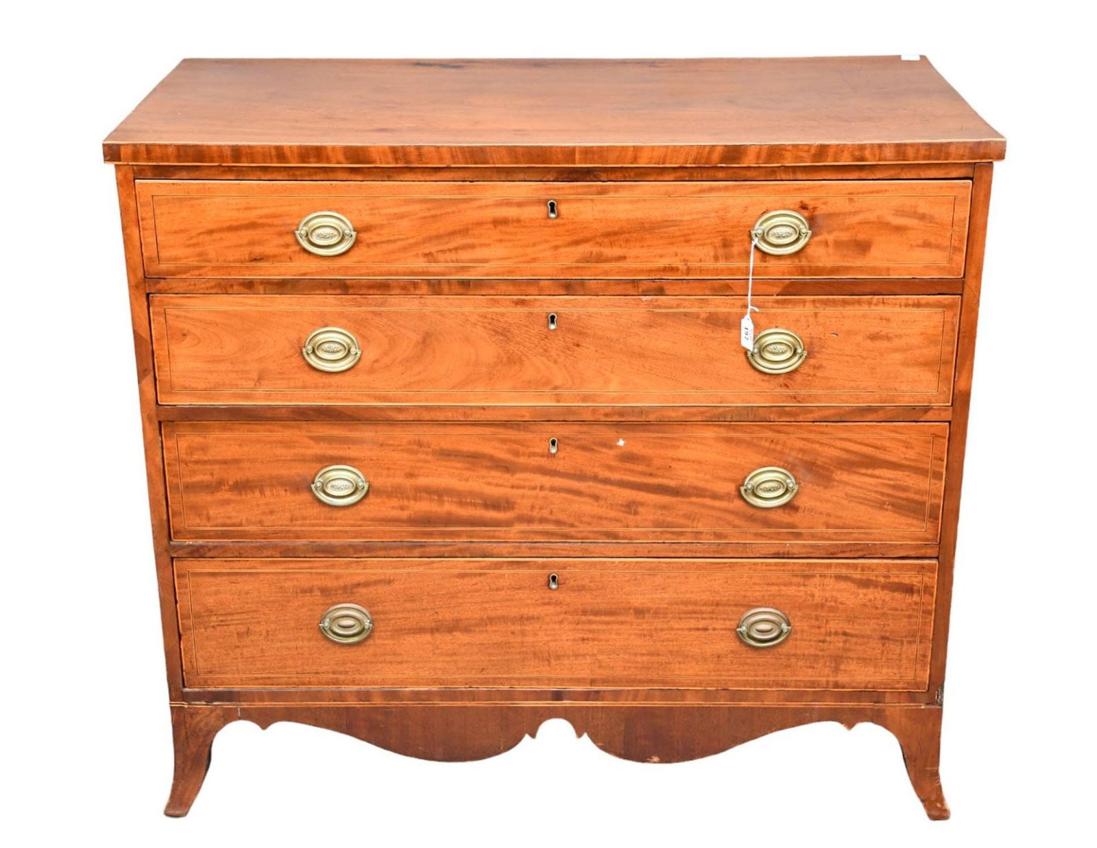 American 4 Drawer Mahogany & Birch Chest, String Inlay & Original Brass Hardware, Splayed Feet, 38 (1 of 13)