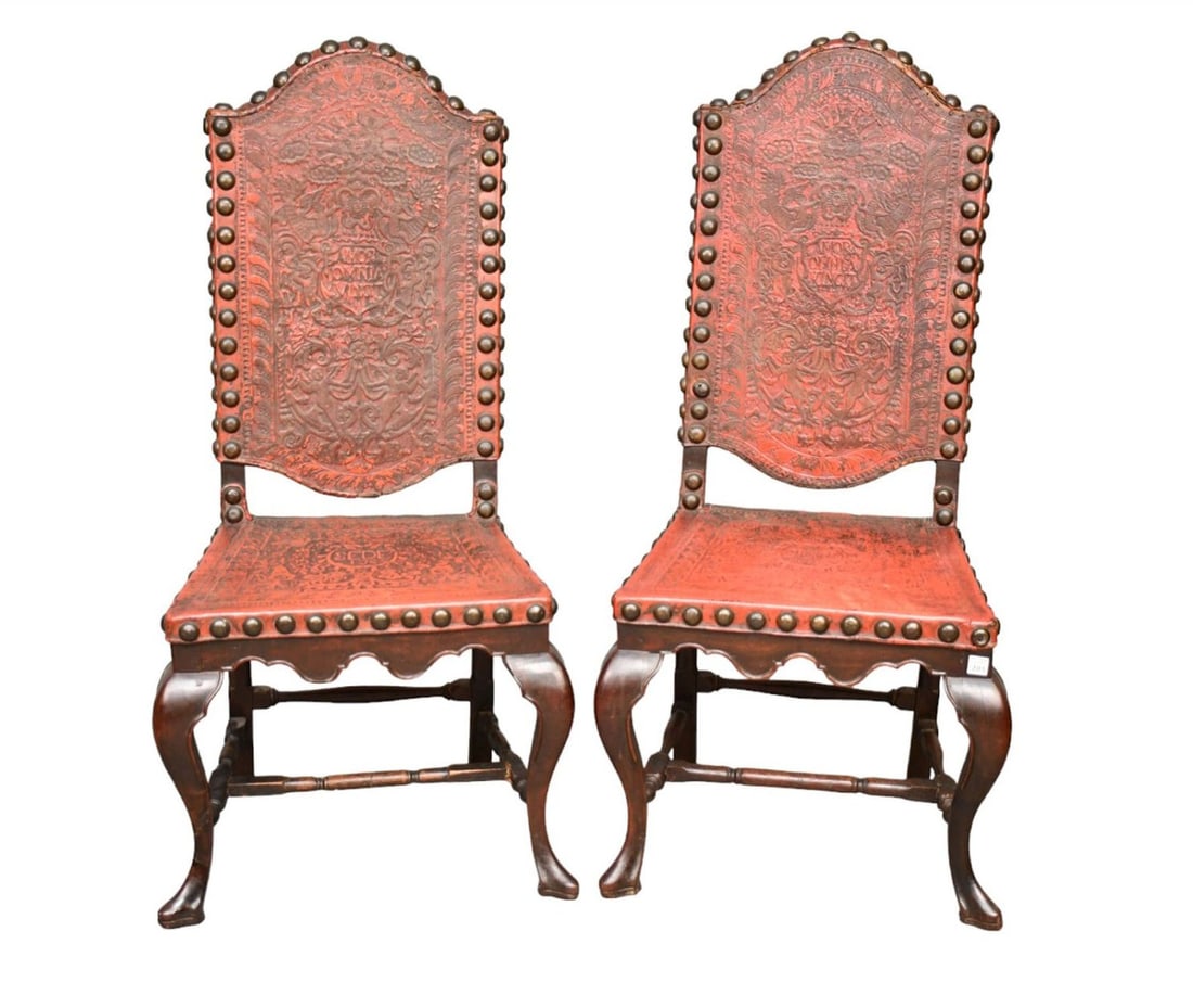 Pair Scottish Red Tooled Leather Chairs, Circa 1750, Large Brass Nail heads on Spanish Feet, 47 (1 of 9)