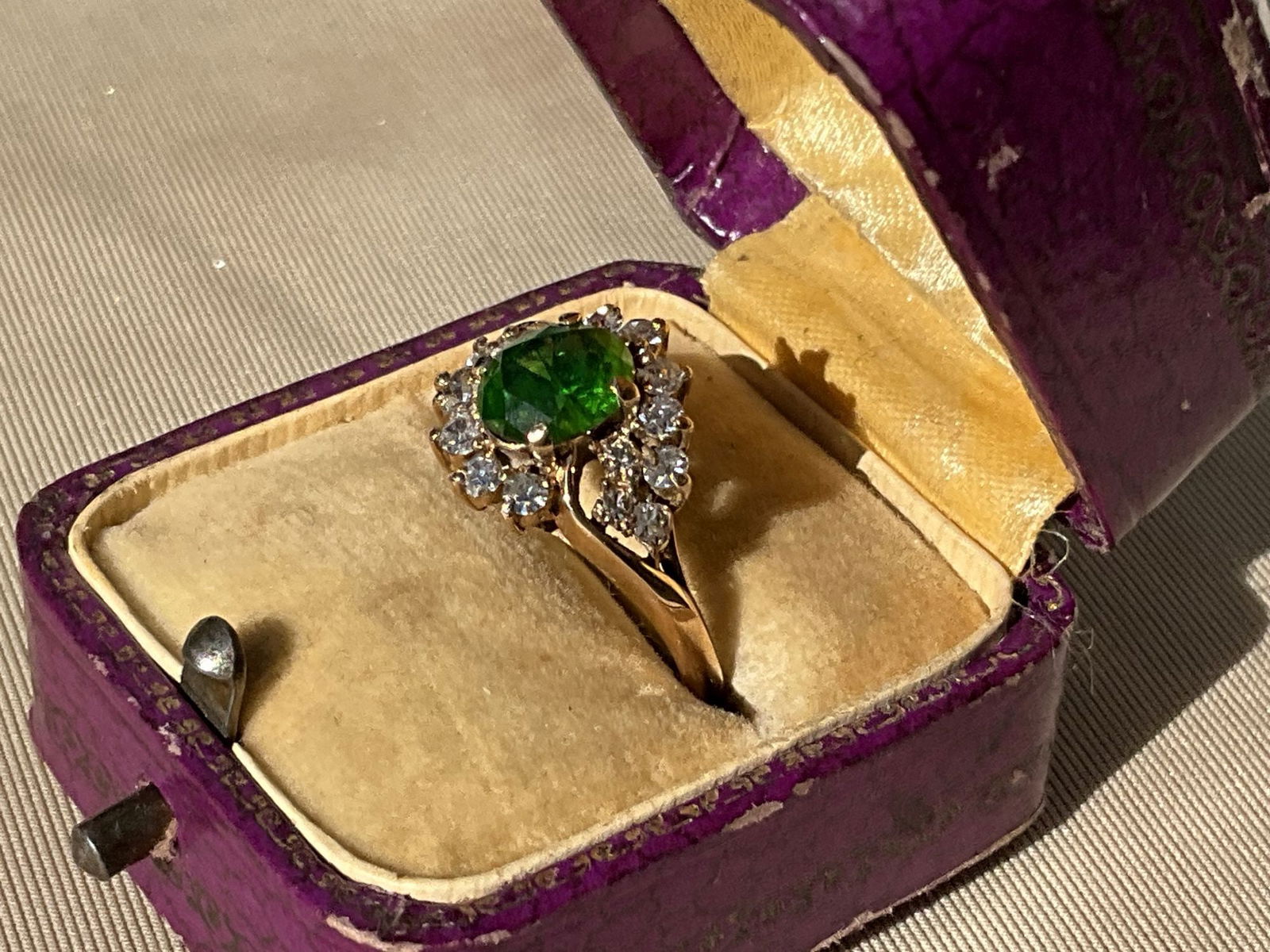 Russian Antique gold diamond Demantoid Garnet ring size approx. ? Stamped 56 and maker marks, the: Russian Antique gold diamond Demantoid Garnet ring size approx. ? Stamped 56 and maker marks, the Demantoid Garnet is 1.55 carat with GIA certificate. It’s extremely rare this size of stone with thi