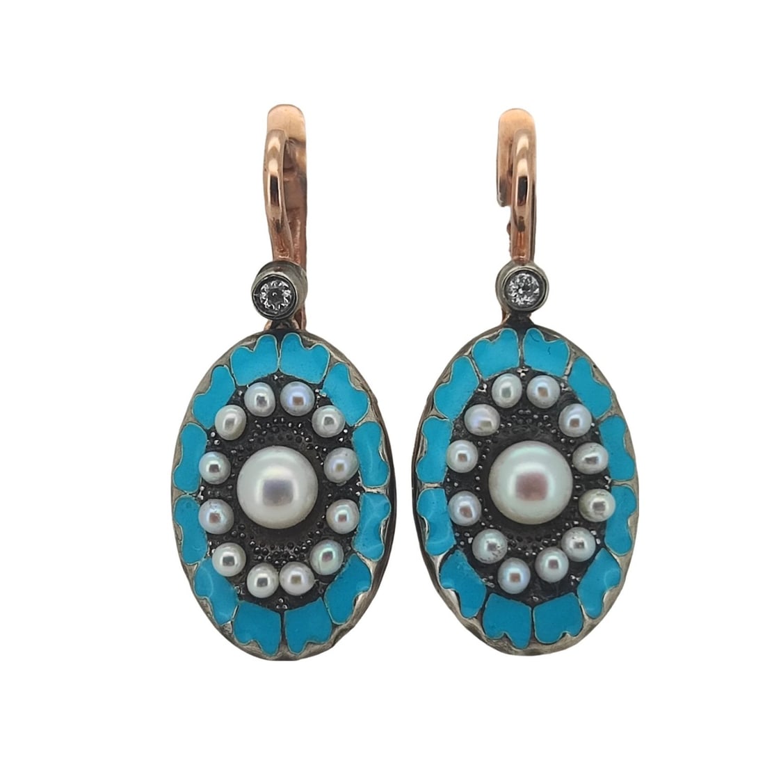Vintage Imperial Faberge Era 14 K Rose Gold Enamel  Diamond Pearl Earrings. Earrings decorated with (1 of 2)