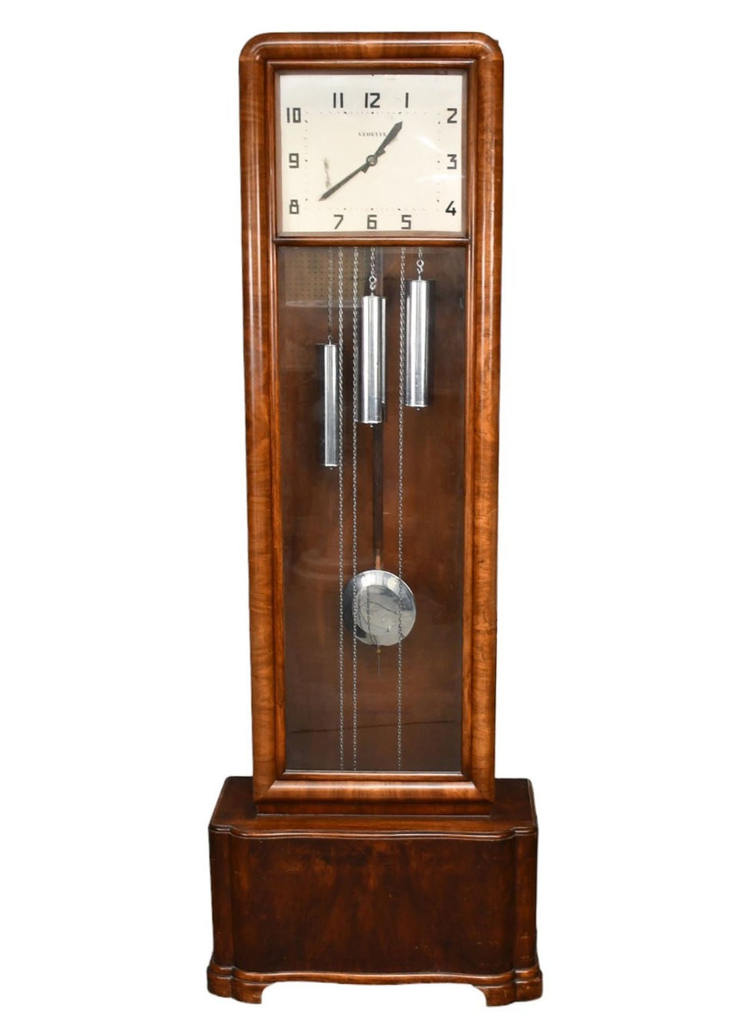 Art Deco Mahogany/Burlwood longcase clock with chrome and painted dial marked Vedette. circa 1930, (1 of 10)