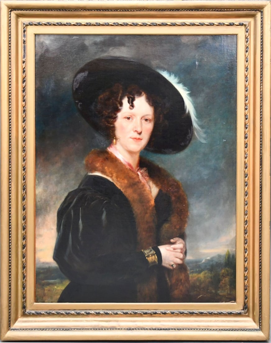 Henry Wyatt (British 1794 - 1840) oil on canvas with old reline, Half Length Portrait of a Lady: Henry Wyatt (British 1794 - 1840) oil on canvas with old reline, Half Length Portrait of a Lady with Hat Landscape and twilight sky in background. Painting size 36 x 28 inches. Overall framed size. Se
