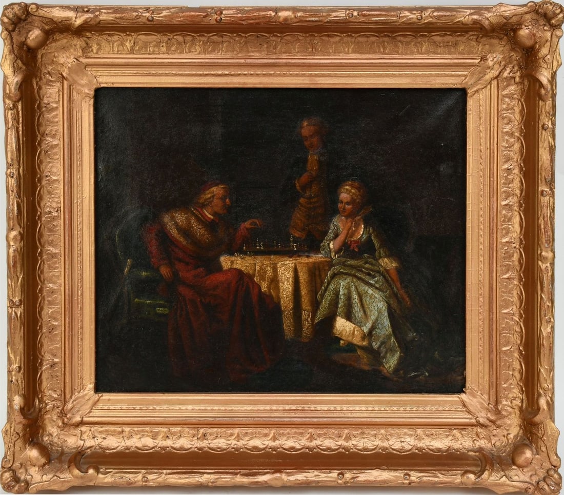19th Century Chess Match, oil on canvas, 15 x 18 inches, frame size 22 x 25 inches (3 patches on (1 of 7)