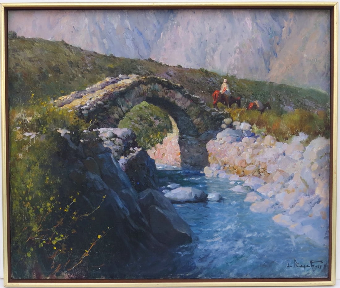 ARMANDO E. REPETTO, (Argentina, 1893-1968), Oil/Canvas, RIVER LANDSCAPE WITH HORSEMAN AND HORSES, 19 (1 of 9)