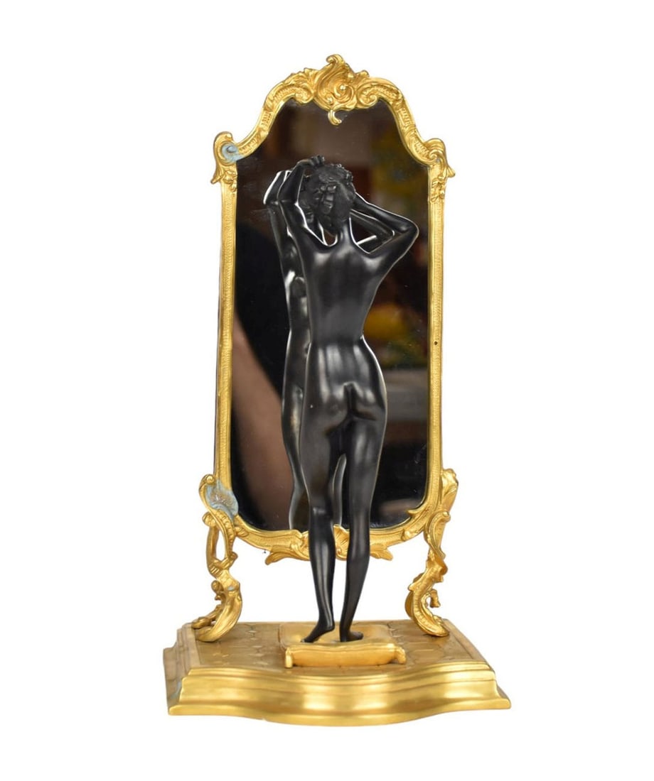 French Style Bronze Sculpture, After Emile Pinedo (1840-1916), 20th c, Nude Female Figure Standing: French Style Bronze Sculpture, After Emile Pinedo (1840-1916), 20th c, Nude Female Figure Standing in Front of a Louis XV Style Cheval Mirror on Shaped Base, Figure has Black Patina, Signed Posthumous
