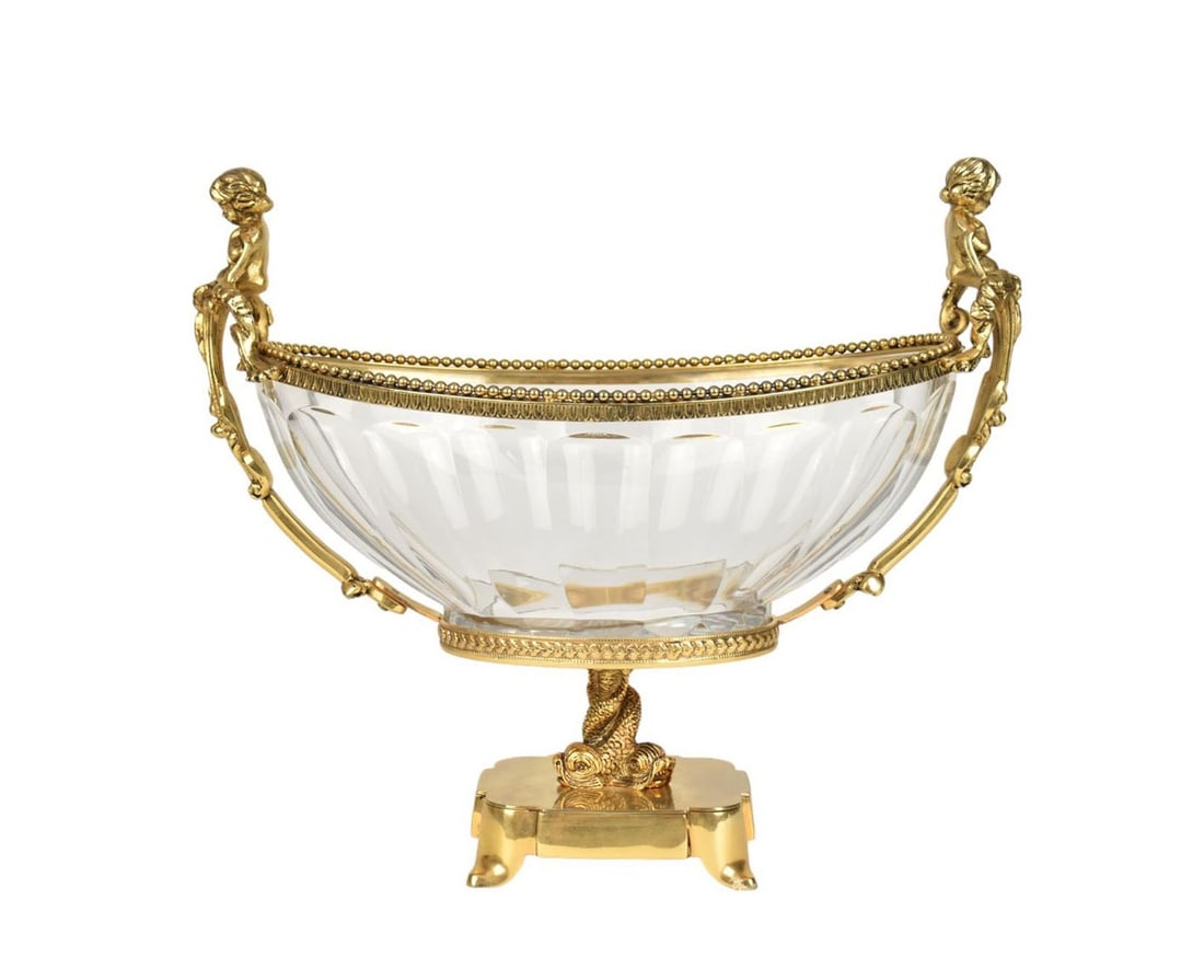 Gilt Bronze Doré and Crystal Center Bowl, French, 20th Century, The oval crystal bowl having swan (1 of 15)