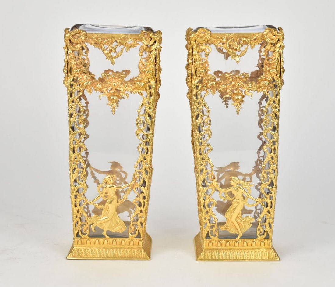 Pair of French Bronze Doré Mounted Crystal Flower Vases, Late 19th/Early 20th (1 of 8)