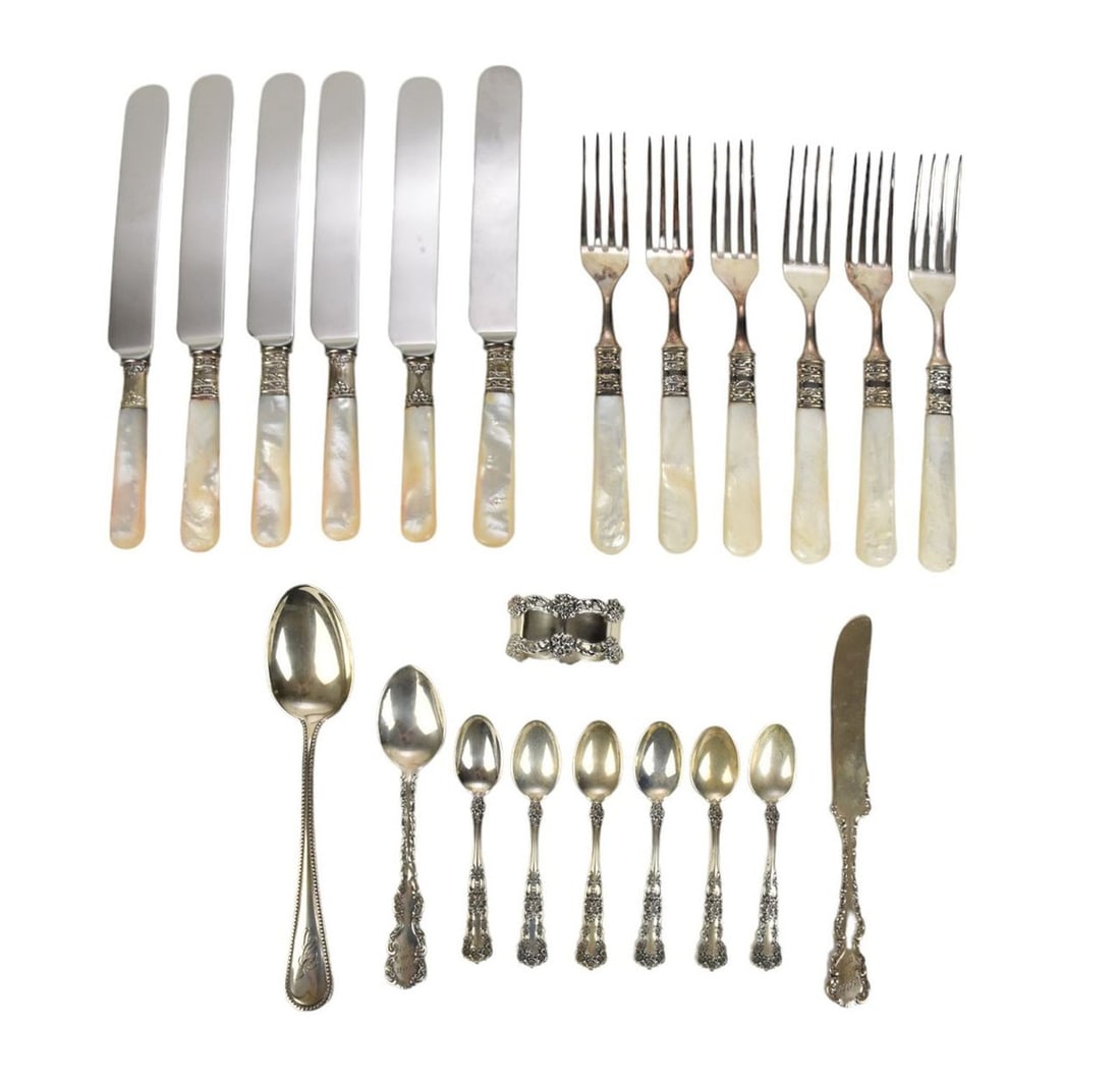 12 Pcs. Mother of Pearl Handled Flatware, 6 Gorham Demitasse Sterling Spoons, 3 Odd  Pcs. and Napkin (1 of 12)